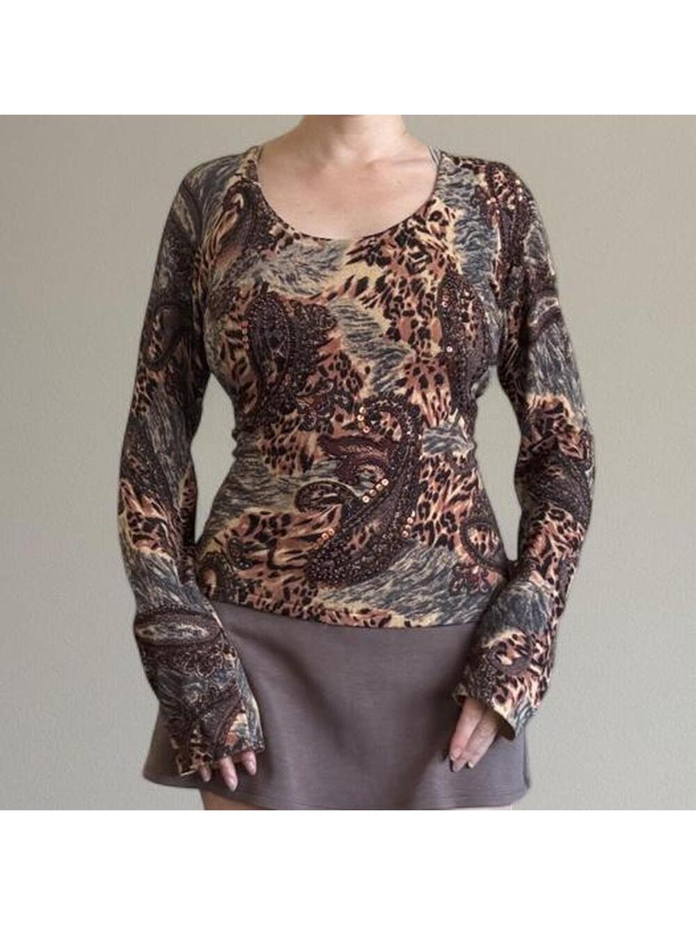 Beaded animal print knit long sleeve top.